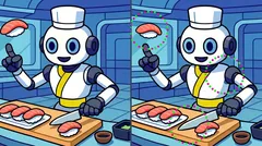 Robot kuchař připravuje sushi na prkénku v kuchyni, kreslená ilustrace